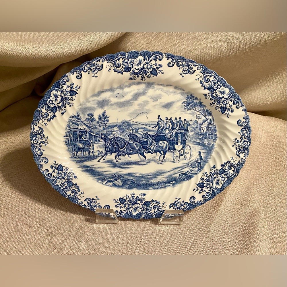 Vintage Johnson Brothers 14" Coaching Scenes Oval Serving Platter Blue White